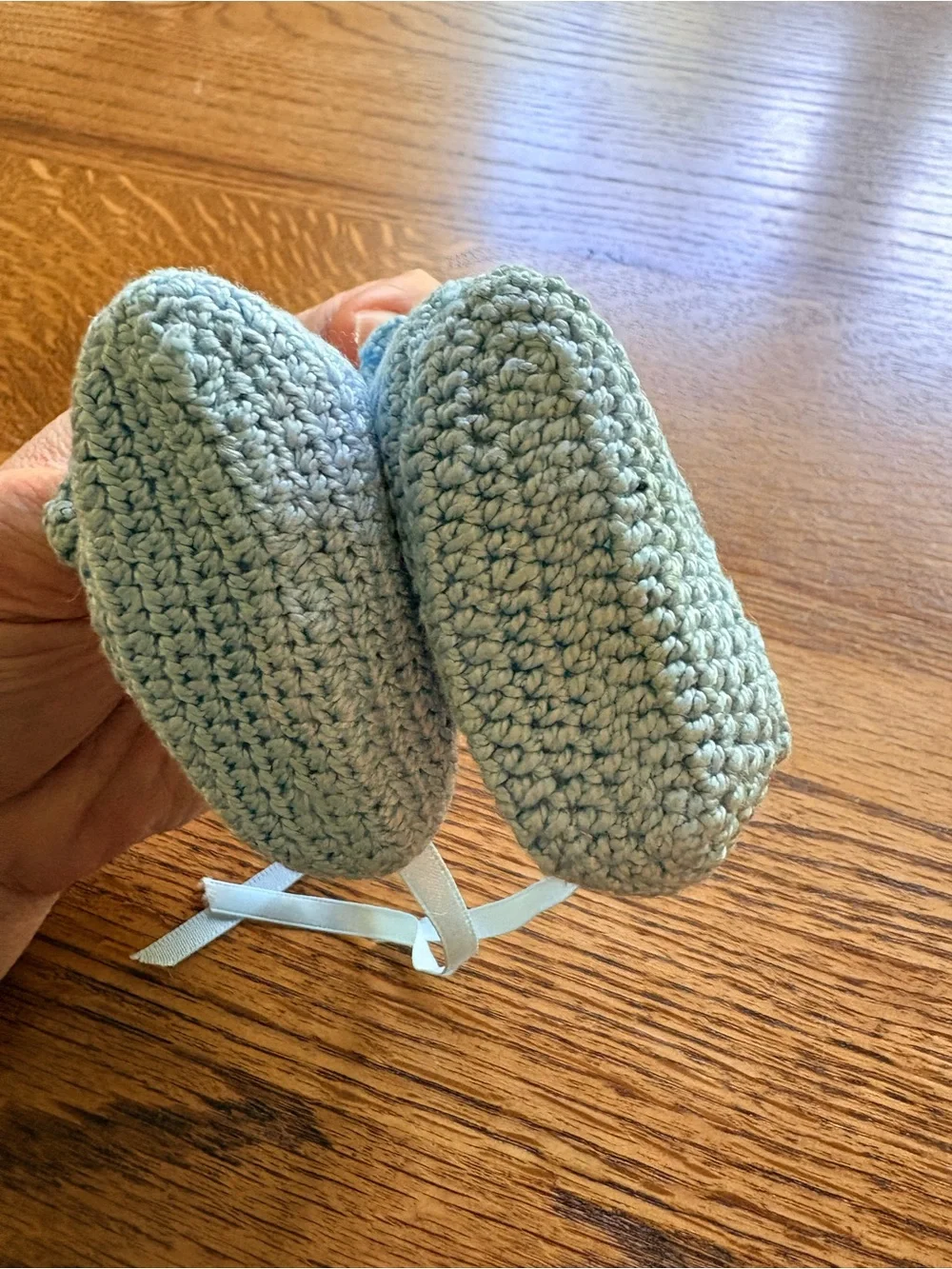 VTG Handmade Baby Crochet Booties without toes in Light Blue w/ Ribbon